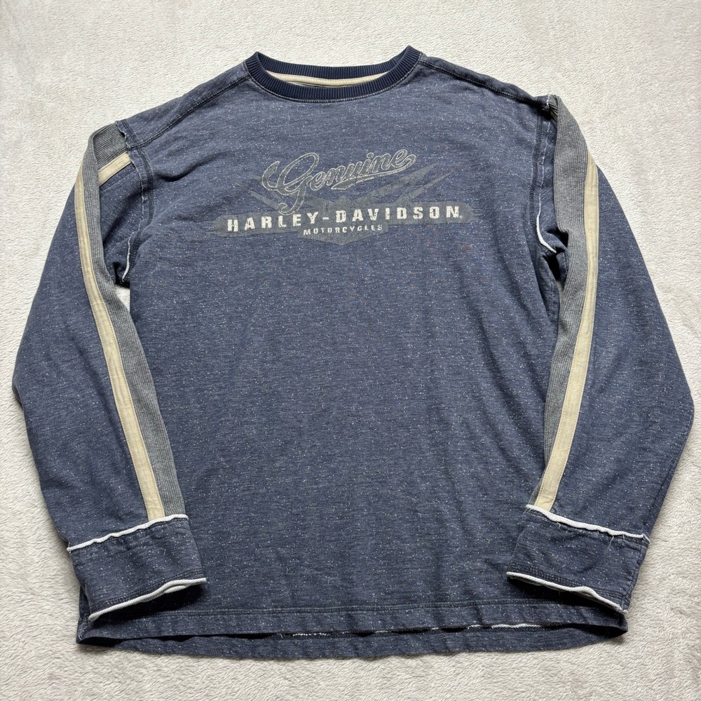 Harley-Davidson Genuine Motorcycle Mens L Blue Thermal Graphic Shirt Y2K Cotton